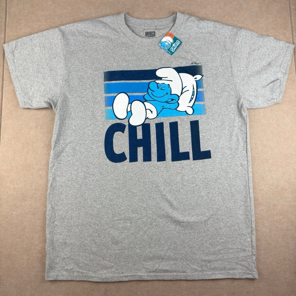 Smurfs Shirt Men L Gray Graphic Tee Lazy Smurf Chill Quote Brisco Brands License